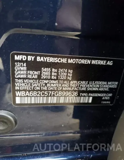 BMW 650 I GRAN 2015 vin WBA6B2C57FGB99636 from auto auction Copart