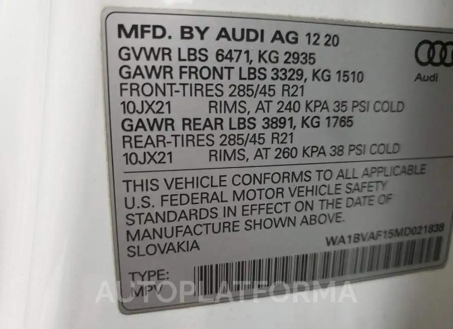 AUDI Q8 PREMIUM 2021 vin WA1BVAF15MD021838 from auto auction Copart