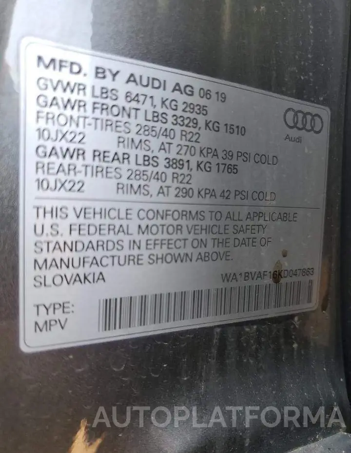 AUDI Q8 PREMIUM 2019 vin WA1BVAF16KD047863 from auto auction Copart