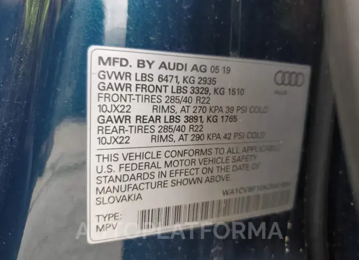 AUDI Q8 PRESTIG 2019 vin WA1CVBF10KD041664 from auto auction Copart