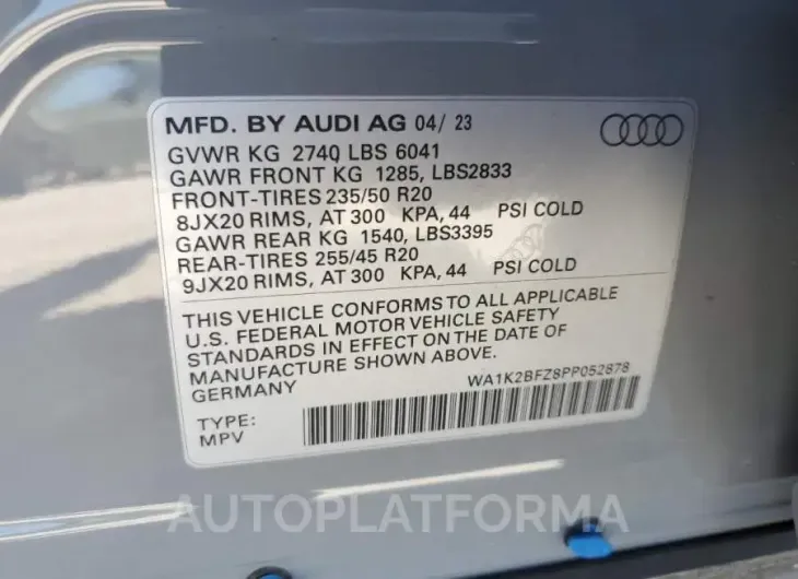 AUDI Q4 E-TRON 2023 vin WA1K2BFZ8PP052878 from auto auction Copart