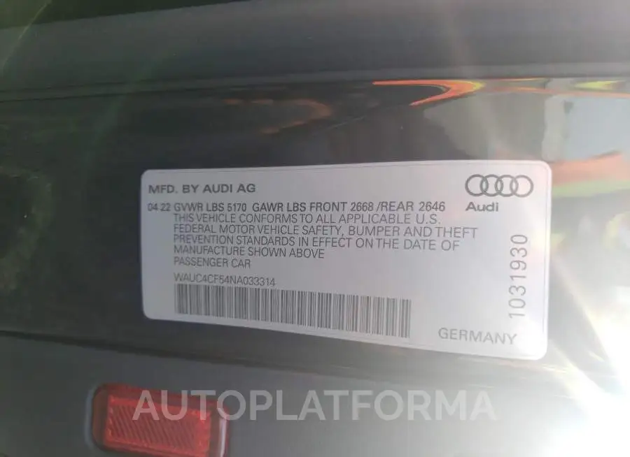 AUDI S5 PREMIUM 2022 vin WAUC4CF54NA033314 from auto auction Copart