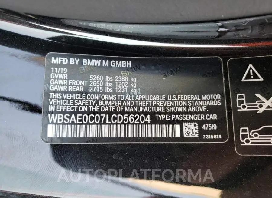 BMW M8 2020 vin WBSAE0C07LCD56204 from auto auction Copart