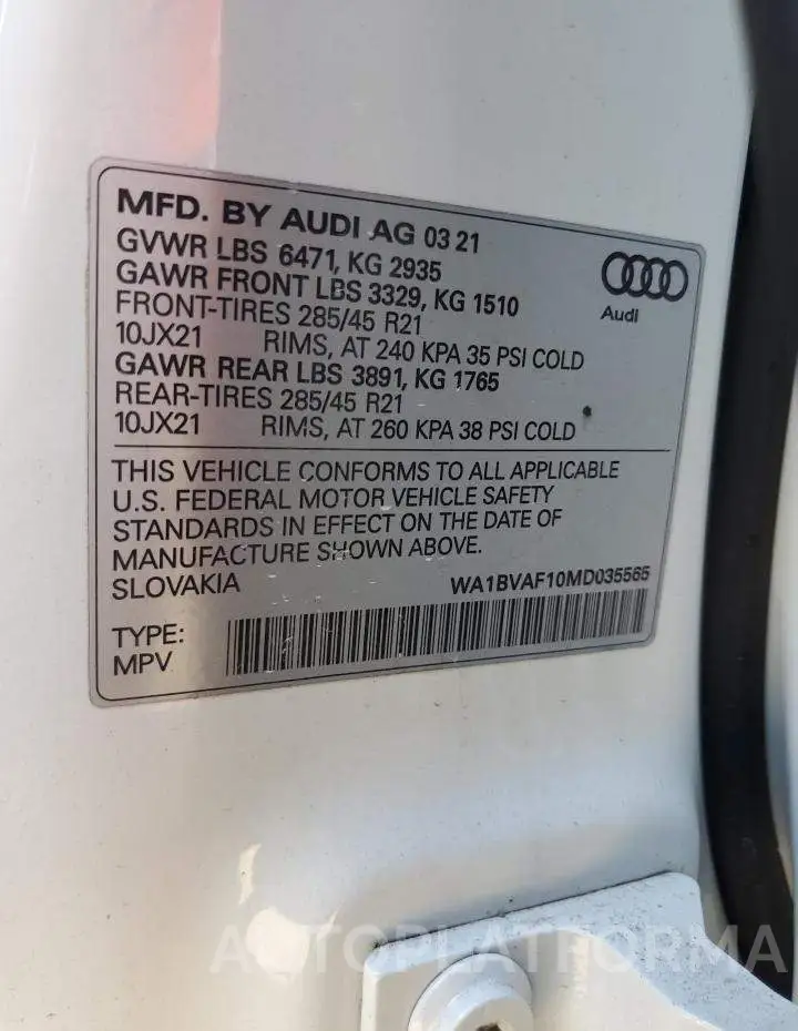 AUDI Q8 PREMIUM 2021 vin WA1BVAF10MD035565 from auto auction Copart