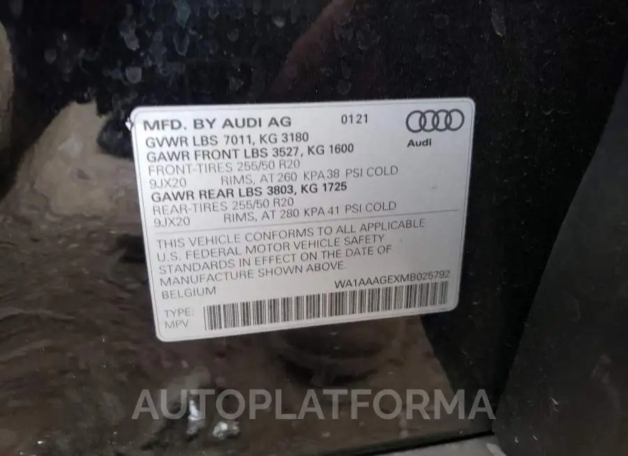 AUDI E-TRON PRE 2021 vin WA1AAAGEXMB025792 from auto auction Copart