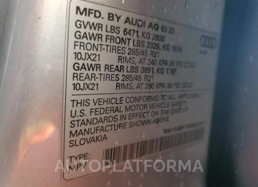 AUDI Q8 PREMIUM 2022 vin WA1AVBF15ND021471 from auto auction Copart