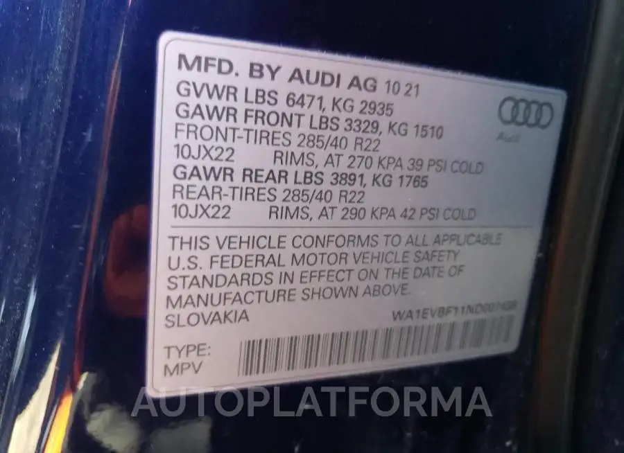 AUDI Q8 PREMIUM 2022 vin WA1EVBF11ND007438 from auto auction Copart