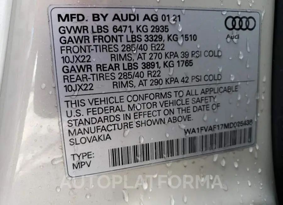 AUDI Q8 PRESTIG 2021 vin WA1FVAF17MD025438 from auto auction Copart