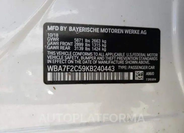 BMW ALPINA B7 2019 vin WBA7F2C59KB240443 from auto auction Copart