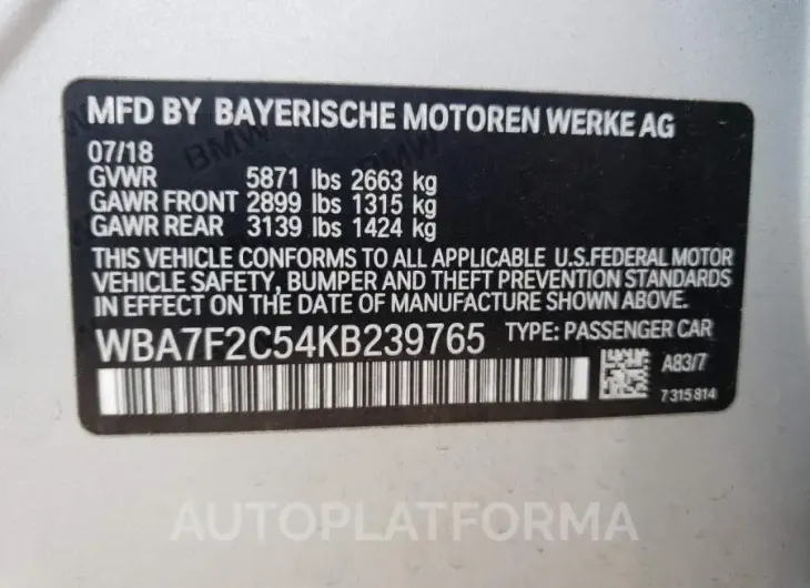 BMW ALPINA B7 2019 vin WBA7F2C54KB239765 from auto auction Copart