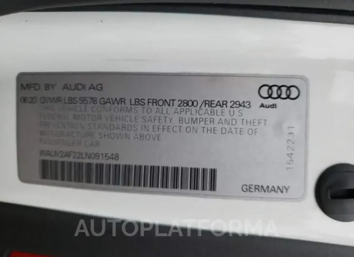 AUDI A7 PRESTIG 2020 vin WAUV2AF22LN091548 from auto auction Copart