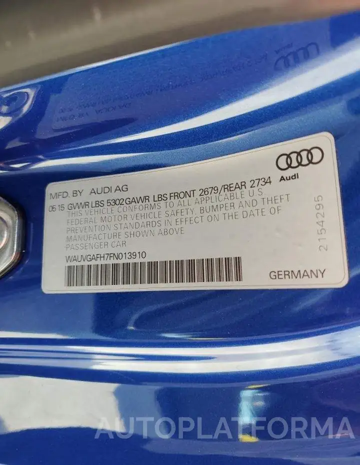 AUDI S5 PRESTIG 2015 vin WAUVGAFH7FN013910 from auto auction Copart