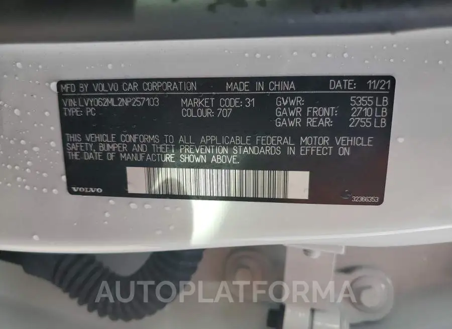 VOLVO S90 B6 INS 2022 vin LVY062ML2NP257103 from auto auction Copart