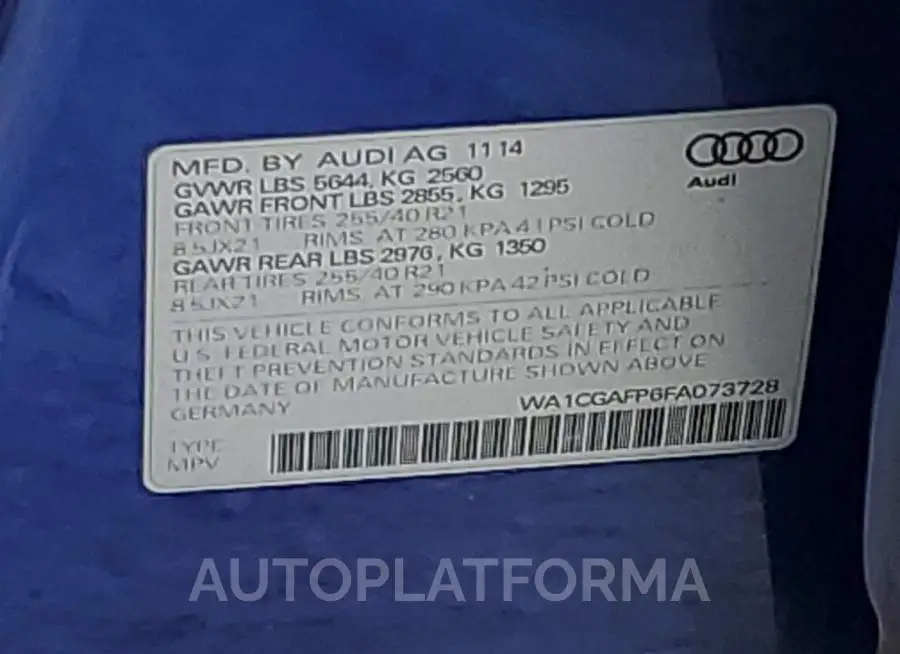 AUDI SQ5 PREMIU 2015 vin WA1CGAFP6FA073728 from auto auction Copart