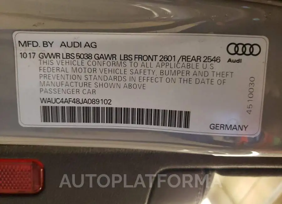 AUDI S4 PRESTIG 2018 vin WAUC4AF48JA089102 from auto auction Copart