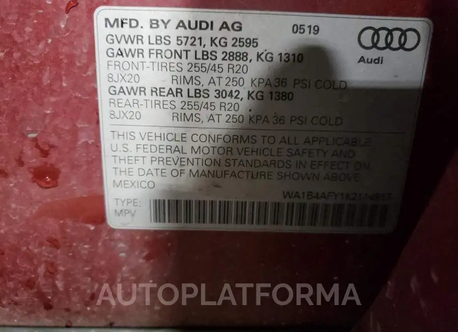 AUDI SQ5 PREMIU 2019 vin WA1B4AFY1K2114817 from auto auction Copart