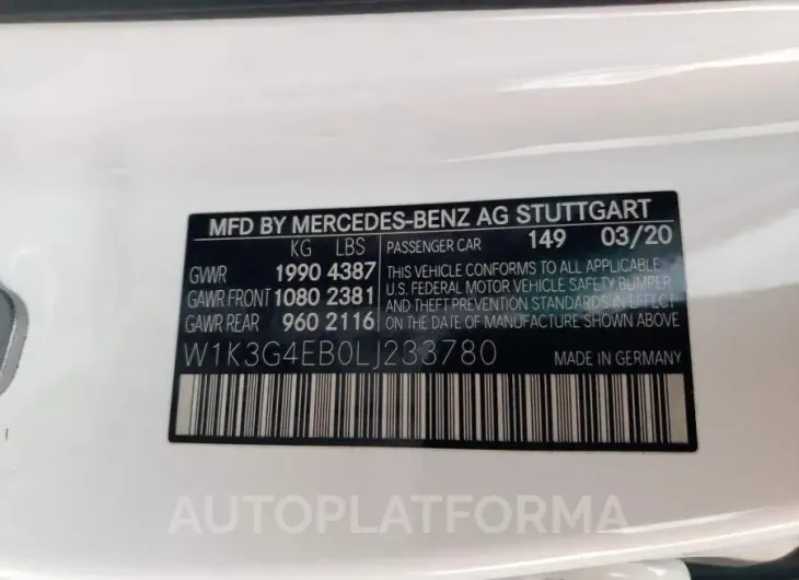 MERCEDES-BENZ A 220 2020 vin W1K3G4EB0LJ233780 from auto auction Copart