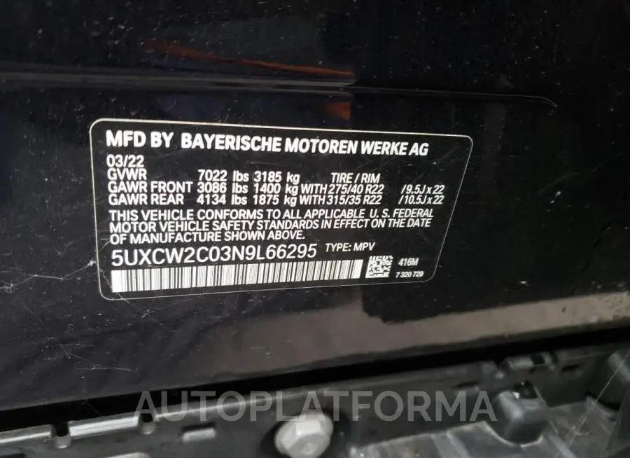 BMW X7 XDRIVE4 2022 vin 5UXCW2C03N9L66295 from auto auction Copart