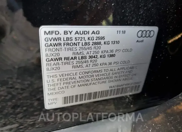 AUDI SQ5 PREMIU 2019 vin WA1B4AFY6K2025647 from auto auction Copart