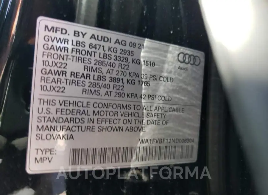 AUDI Q8 PRESTIG 2022 vin WA1FVBF12ND006304 from auto auction Copart