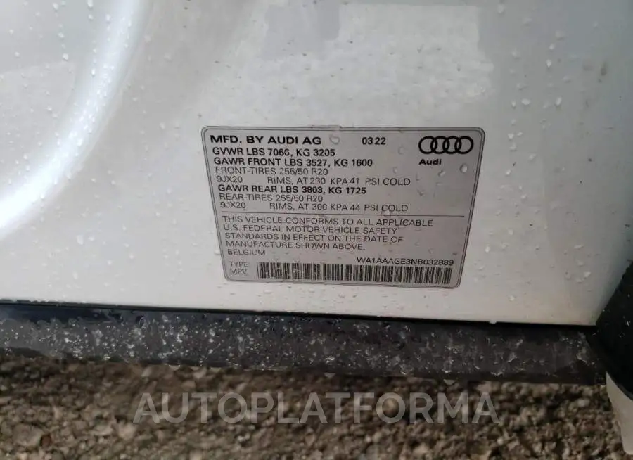 AUDI E-TRON PRE 2022 vin WA1AAAGE3NB032889 from auto auction Copart