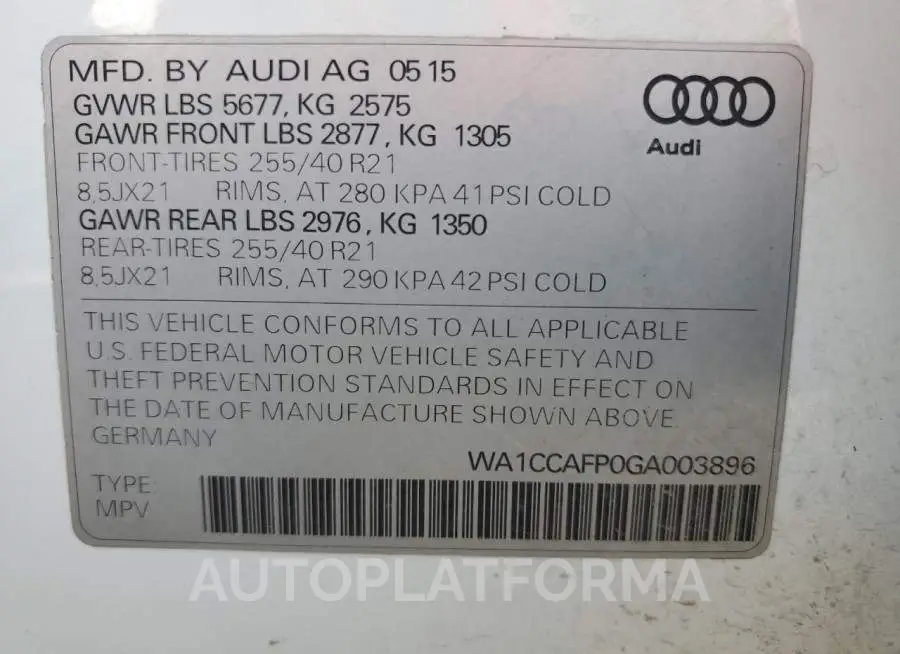 AUDI SQ5 PREMIU 2016 vin WA1CCAFP0GA003896 from auto auction Copart