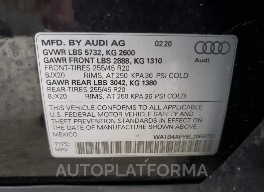 AUDI SQ5 PREMIU 2020 vin WA1B4AFY6L2069701 from auto auction Copart