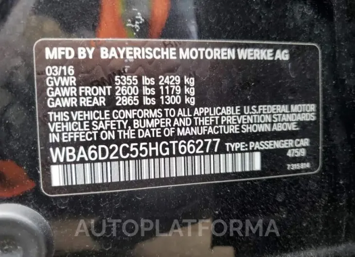 BMW 640 XI GRA 2017 vin WBA6D2C55HGT66277 from auto auction Copart