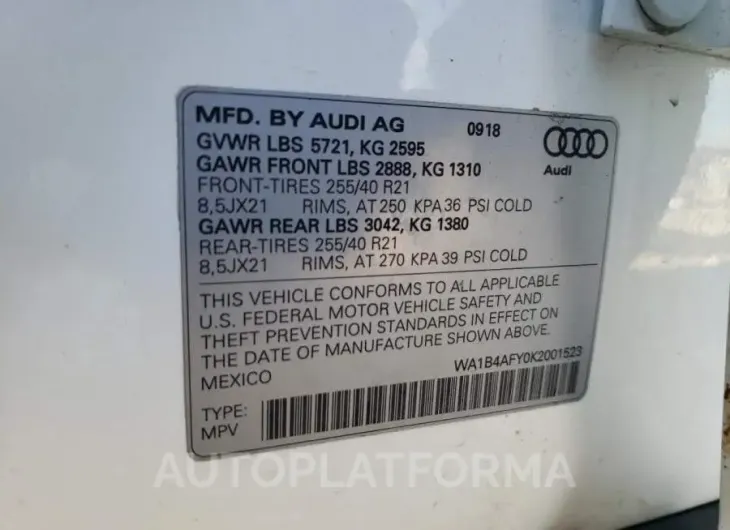 AUDI SQ5 PREMIU 2019 vin WA1B4AFY0K2001523 from auto auction Copart