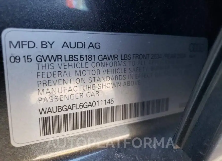 AUDI S4 PREMIUM 2016 vin WAUBGAFL6GA011145 from auto auction Copart