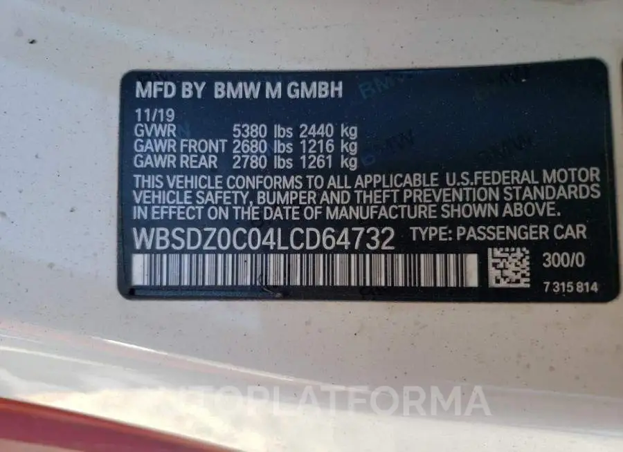 BMW M8 2020 vin WBSDZ0C04LCD64732 from auto auction Copart