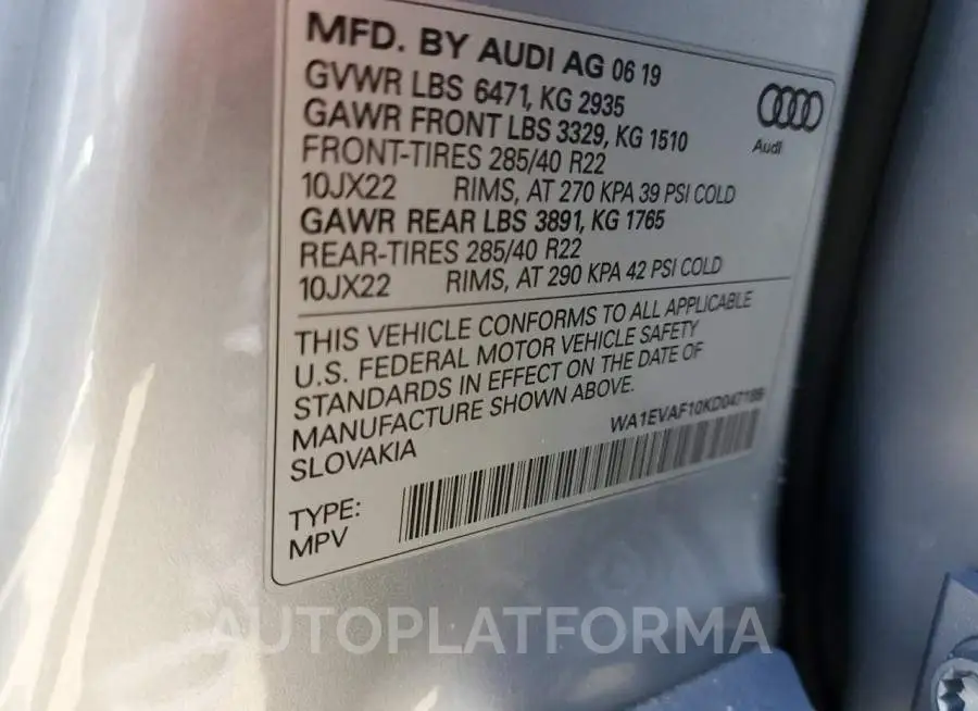 AUDI Q8 PREMIUM 2019 vin WA1EVAF10KD047189 from auto auction Copart