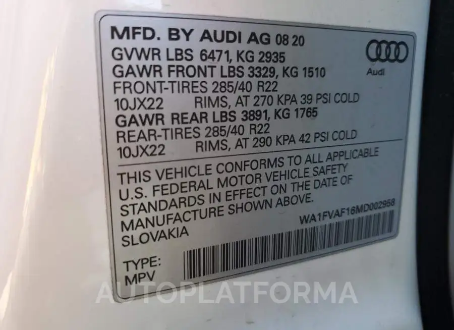 AUDI Q8 PRESTIG 2021 vin WA1FVAF16MD002958 from auto auction Copart