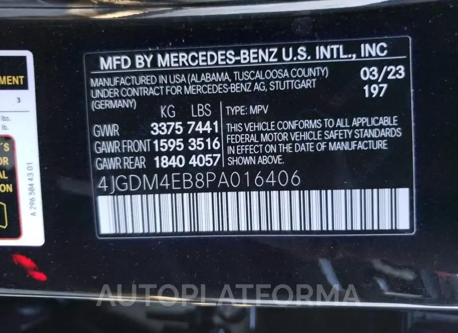 MERCEDES-BENZ EQS SUV 58 2023 vin 4JGDM4EB8PA016406 from auto auction Copart