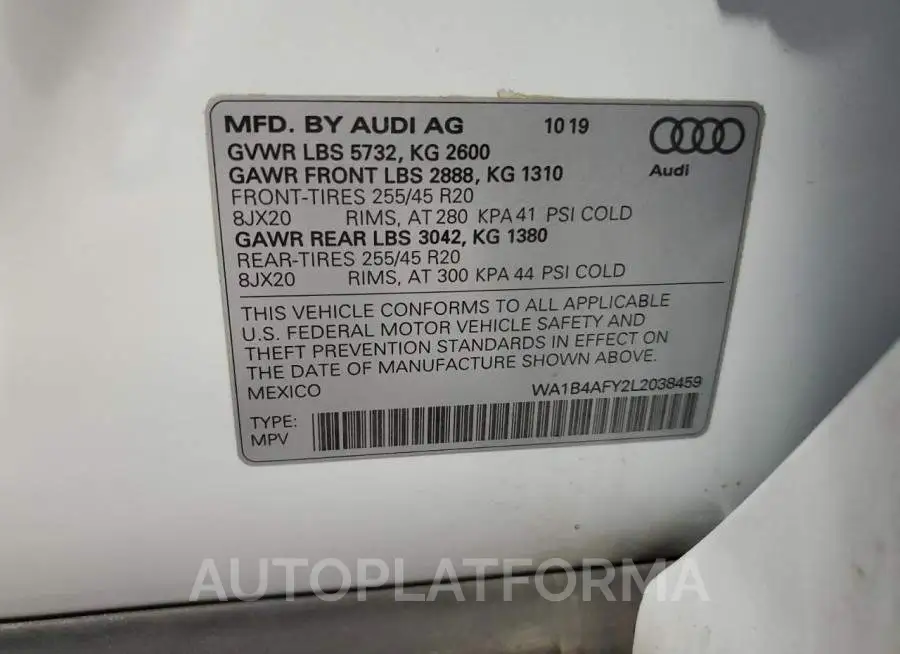 AUDI SQ5 PREMIU 2020 vin WA1B4AFY2L2038459 from auto auction Copart