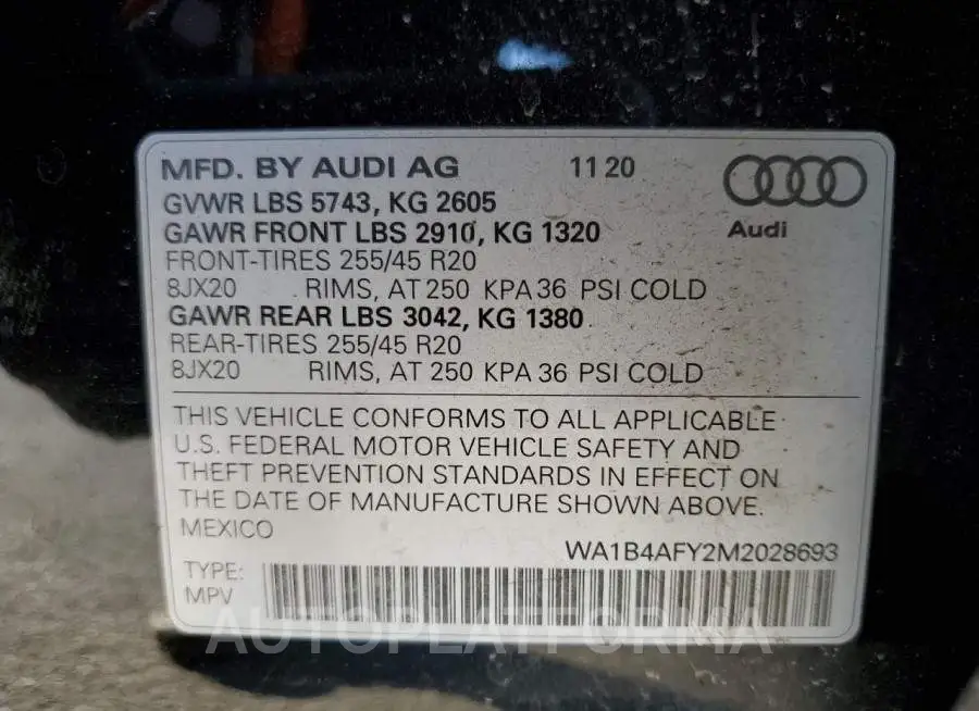 AUDI SQ5 PREMIU 2021 vin WA1B4AFY2M2028693 from auto auction Copart