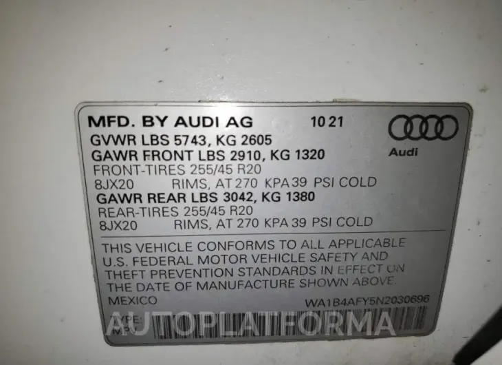 AUDI SQ5 PREMIU 2022 vin WA1B4AFY5N2030696 from auto auction Copart