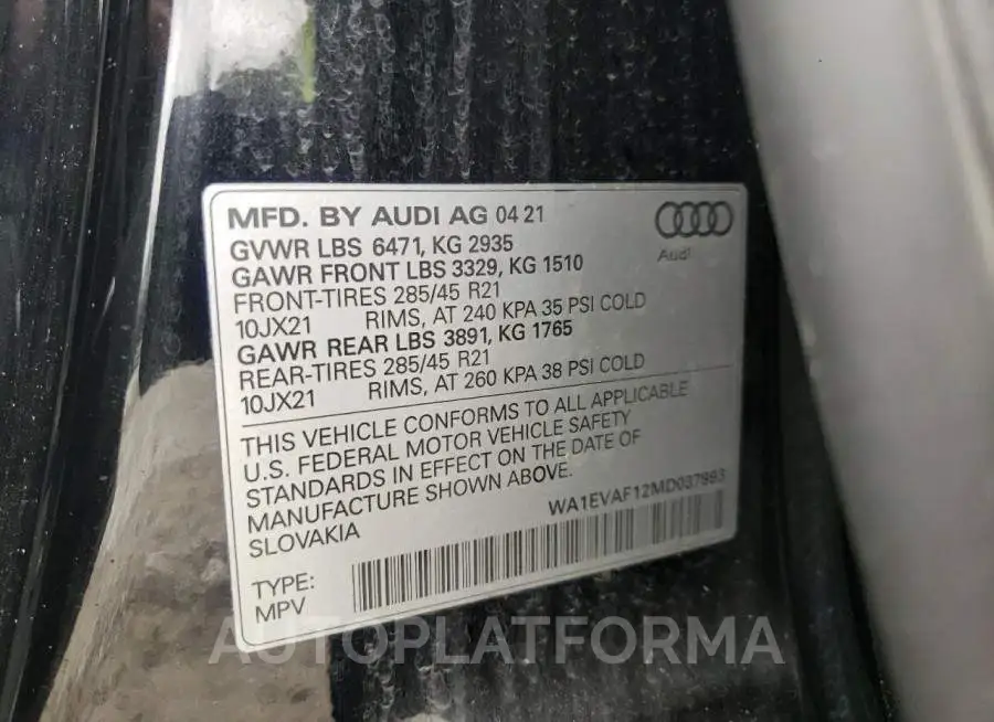 AUDI Q8 PREMIUM 2021 vin WA1EVAF12MD037993 from auto auction Copart