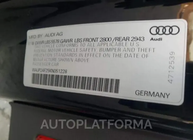 AUDI A7 PREMIUM 2019 vin WAUP2AF25KN051228 from auto auction Copart