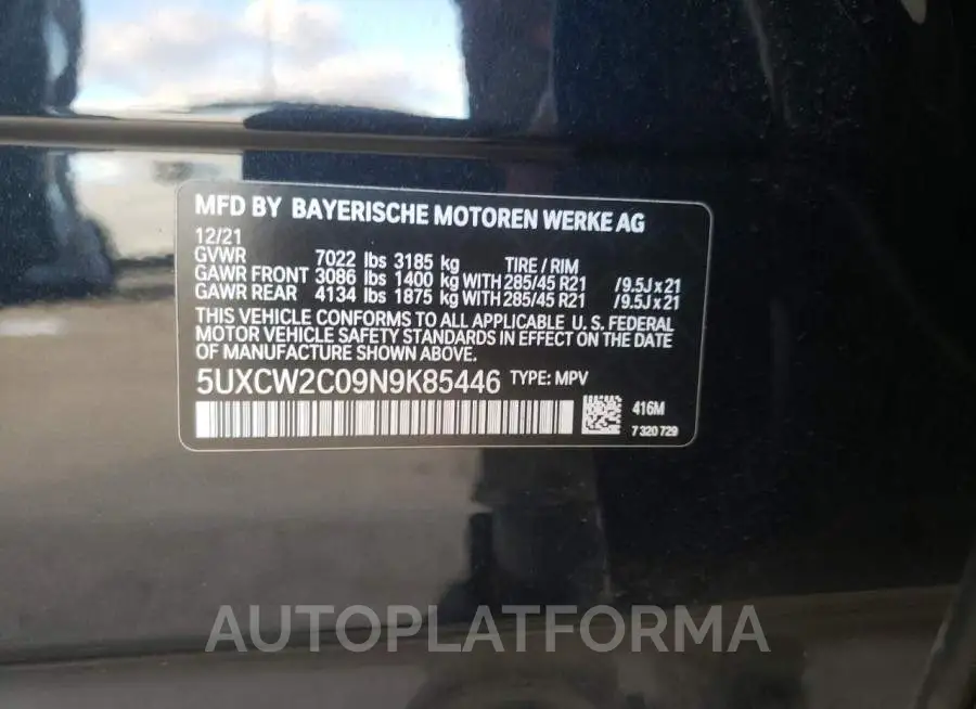 BMW X7 XDRIVE4 2022 vin 5UXCW2C09N9K85446 from auto auction Copart