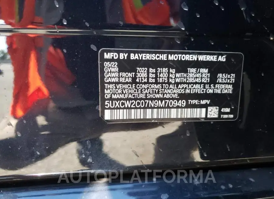 BMW X7 XDRIVE4 2022 vin 5UXCW2C07N9M70949 from auto auction Copart