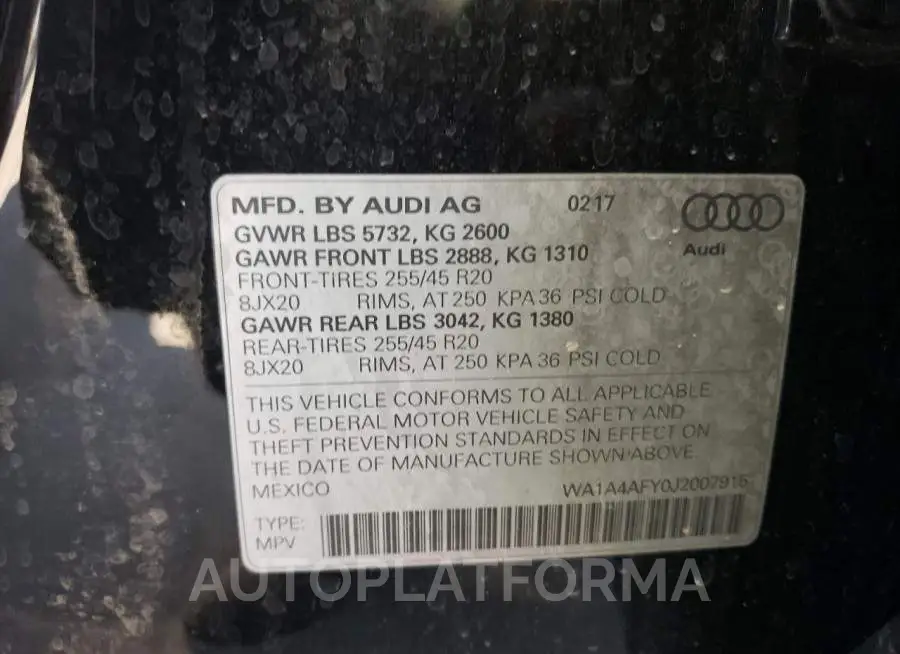 AUDI SQ5 PREMIU 2018 vin WA1A4AFY0J2007915 from auto auction Copart