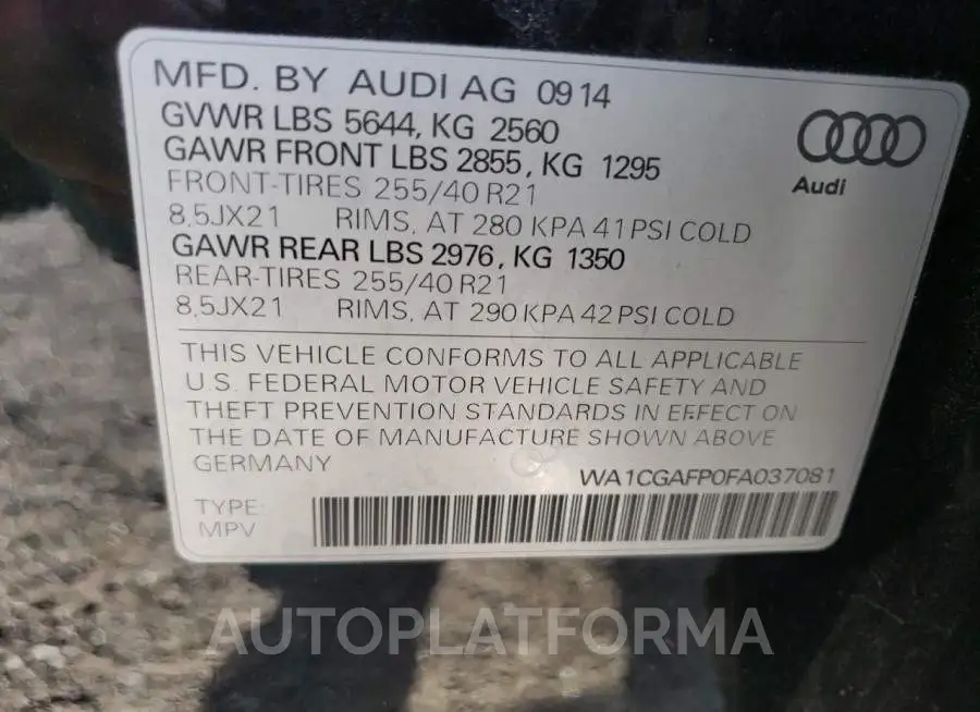 AUDI SQ5 PREMIU 2015 vin WA1CGAFP0FA037081 from auto auction Copart