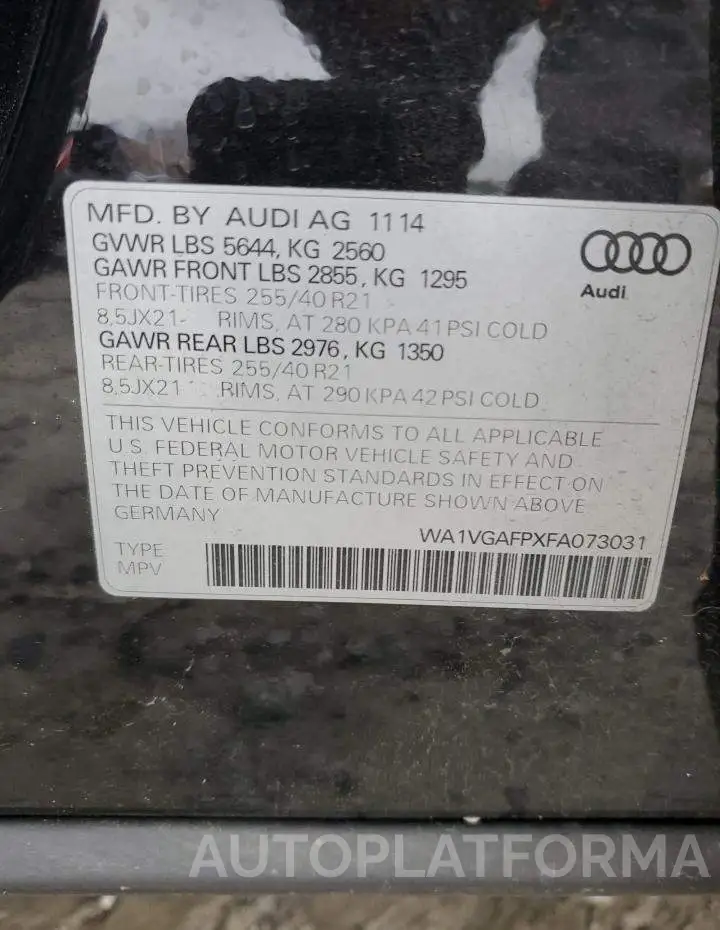 AUDI SQ5 PRESTI 2015 vin WA1VGAFPXFA073031 from auto auction Copart