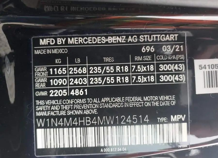 MERCEDES-BENZ GLB 250 4M 2021 vin W1N4M4HB4MW124514 from auto auction Copart