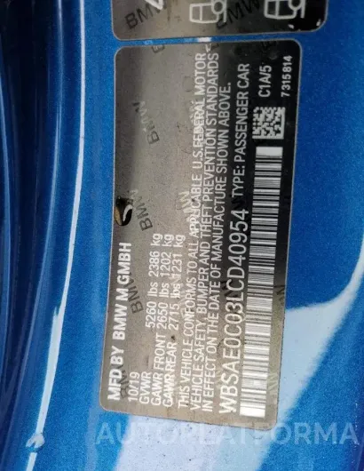 BMW M8 2020 vin WBSAE0C03LCD40954 from auto auction Copart