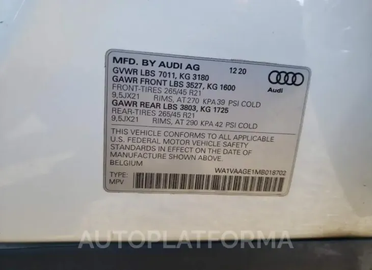 AUDI E-TRON PRE 2021 vin WA1VAAGE1MB018702 from auto auction Copart