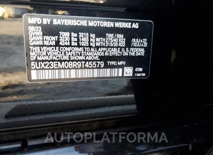 BMW X7 XDRIVE4 2024 vin 5UX23EM08R9T45579 from auto auction Copart