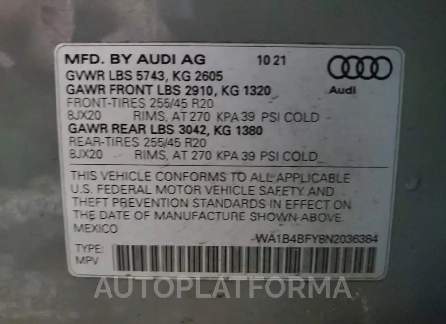 AUDI SQ5 PREMIU 2022 vin WA1B4BFY8N2036384 from auto auction Copart