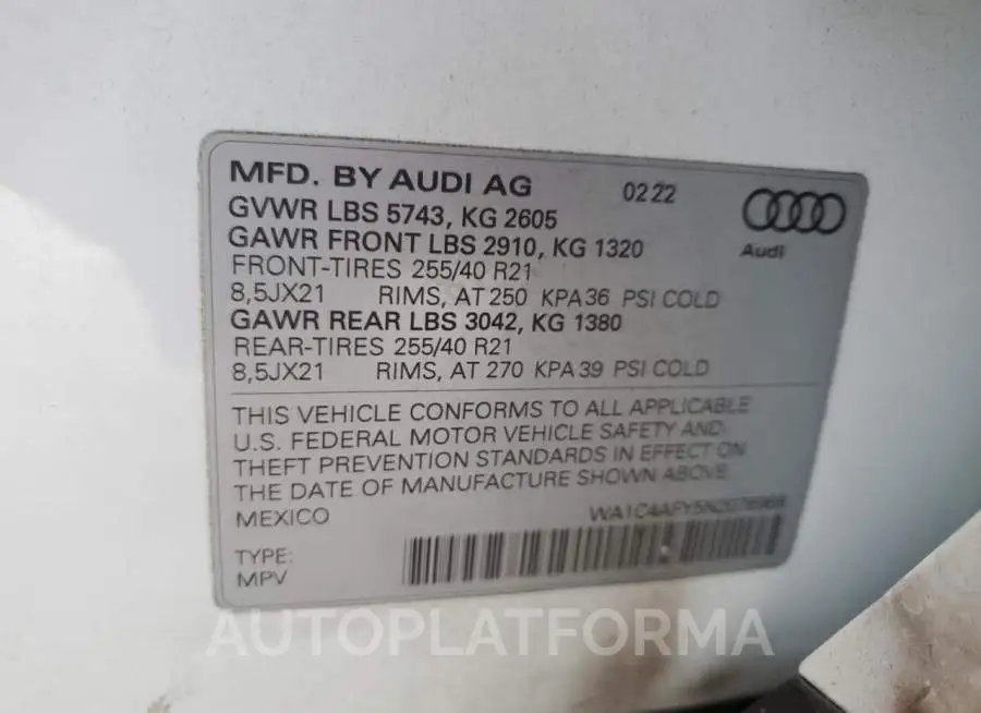 AUDI SQ5 PRESTI 2022 vin WA1C4AFY5N2076968 from auto auction Copart